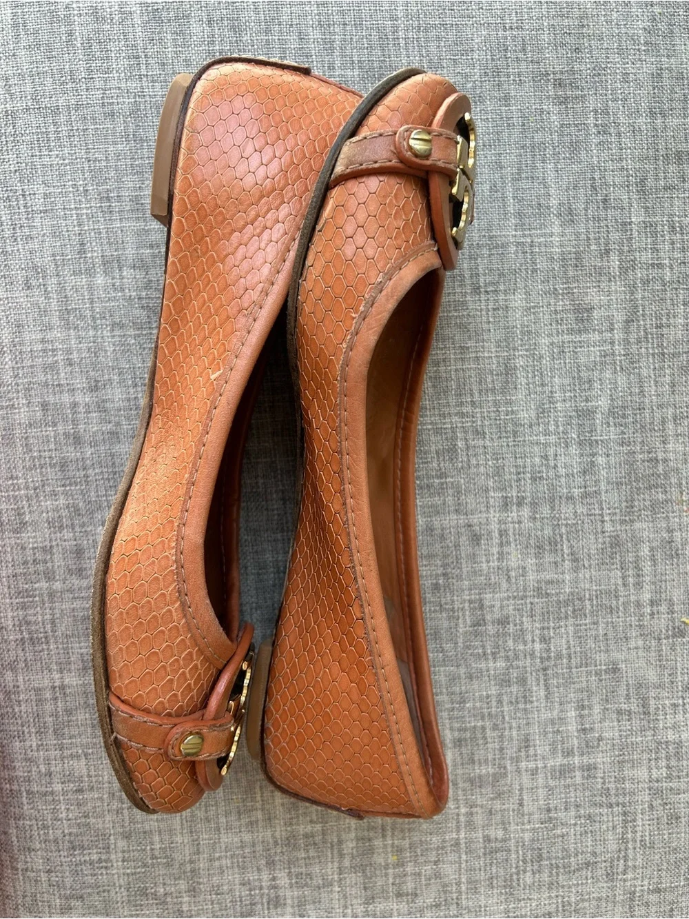 Tory Burch Cognac Leather Logo Round-Toe Flats